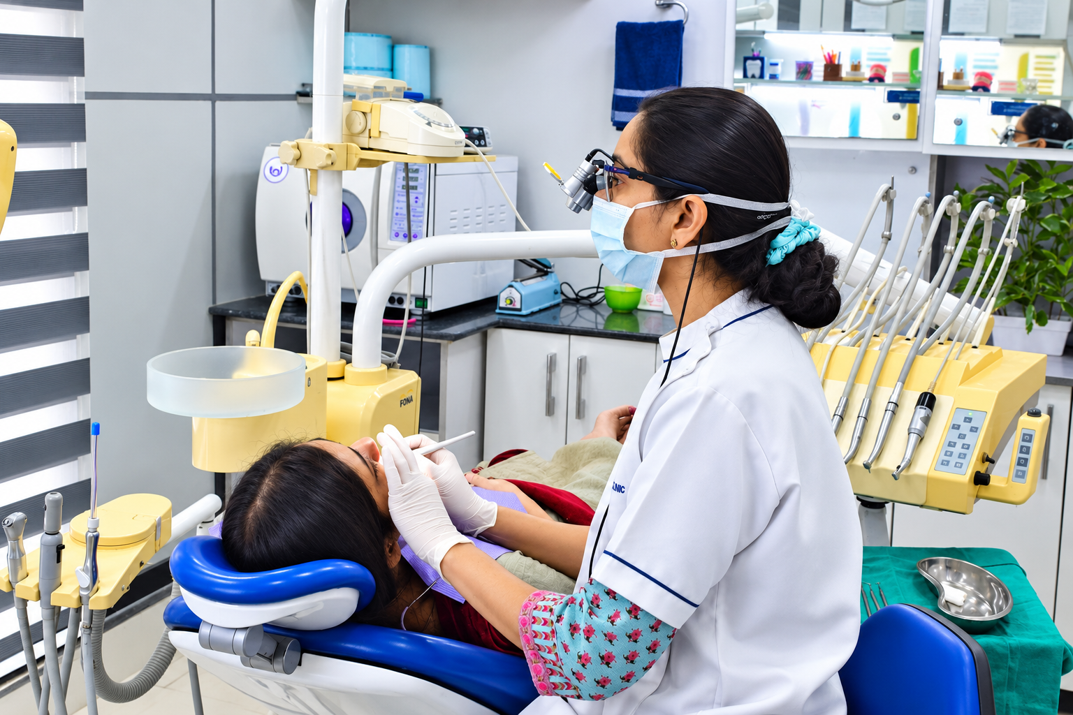 Dr. Tanupriya Gupta performing a procedure under magnification loupes