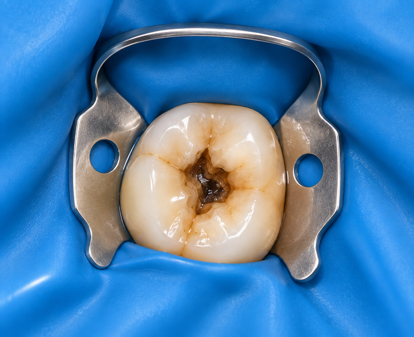 Tooth with rubber dam